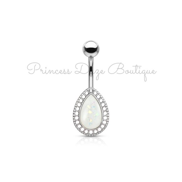White Opal Tear Drop Belly Button Ring‎ - Picture 1 of 1